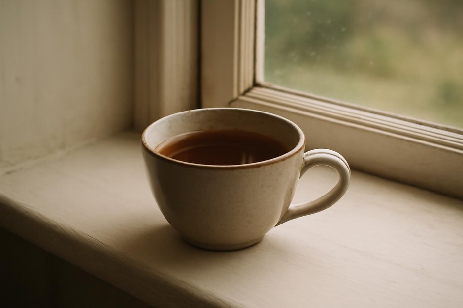 Close-up of a teacup on a windowsill in soft afternoon light
