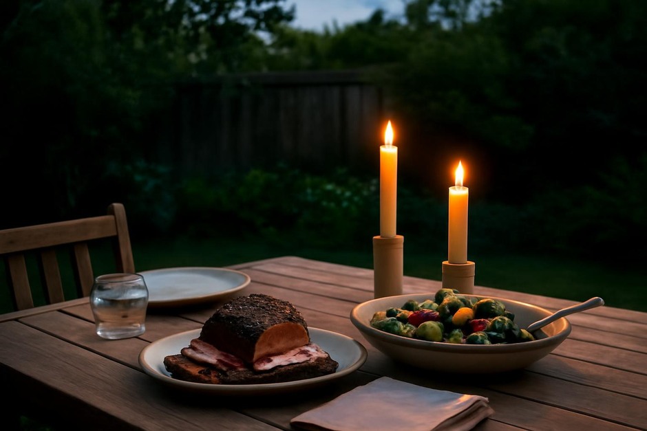 A simple outdoor table at dusk with candles and a modest meal